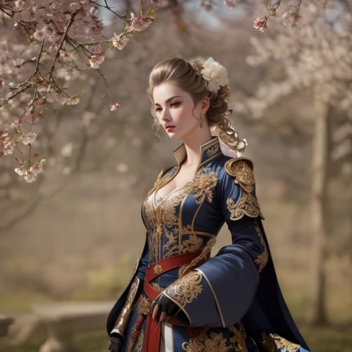 hanbok,plum blossoms,oriental princess,imperial coat,apricot blossom,inner mongolian beauty,suit of the snow maiden,plum blossom,folk costume,spring blossom,floral japanese,anime japanese clothing,japanese woman,spring blossoms,the cherry blossoms,pear blossom,oriental painting,shuanghuan noble,spring crown,beautiful girl with flowers
