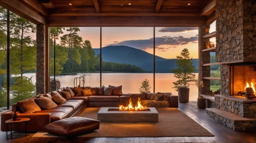 fire place,the cabin in the mountains,fireplaces,luxury home interior,living room,beautiful home,family room,alpine style,house in the mountains,modern living room,livingroom,chalet,fireplace,house in mountains,log fire,fireside,home landscape,great room,lake view,window treatment,Photography,General,Realistic