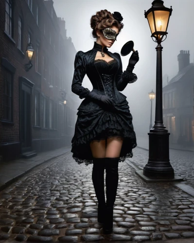 gothic fashion,victorian lady,gothic dress,victorian style,gothic woman,steampunk,whitby goth weekend,halloween black cat,gothic style,victorian fashion,the girl in nightie,gas lamp,dress walk black,girl in a historic way,goth whitby weekend,overskirt,the victorian era,photoshop manipulation,lady of the night,the carnival of venice,Illustration,Abstract Fantasy,Abstract Fantasy 19