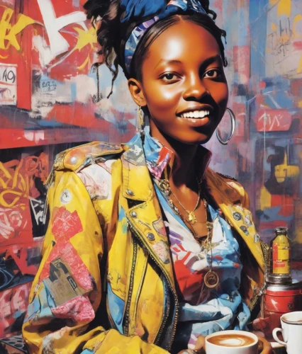 oil painting on canvas,woman drinking coffee,oil on canvas,girl portrait,african woman,painting technique,portrait of a girl,woman at cafe,graffiti,oil painting,girl with bread-and-butter,a girl's smile,graffiti art,young woman,maria bayo,cortado,artist,street artist,afroamerican,cappuccino,Digital Art,Anime