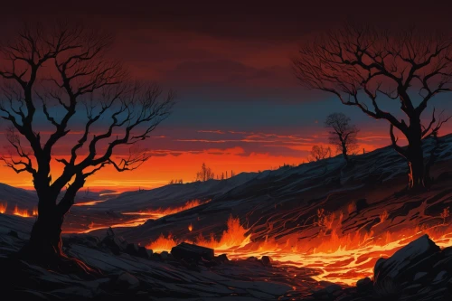 scorched earth,volcanic landscape,burned land,volcanic field,burning earth,forest fire,lava,fire mountain,lava plain,fire in the mountains,lake of fire,volcanic,lava river,burning bush,wildfire,fire land,bushfire,fire background,lava flow,fires,Illustration,Abstract Fantasy,Abstract Fantasy 04