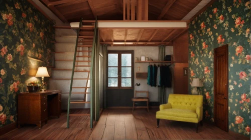 the little girl's room,japanese-style room,danish room,children's bedroom,attic,house painting,cabin,dandelion hall,yellow wallpaper,guest room,patterned wood decoration,bedroom,3d rendering,small cabin,wooden floor,country cottage,hallway space,rooms,home interior,sleeping room
