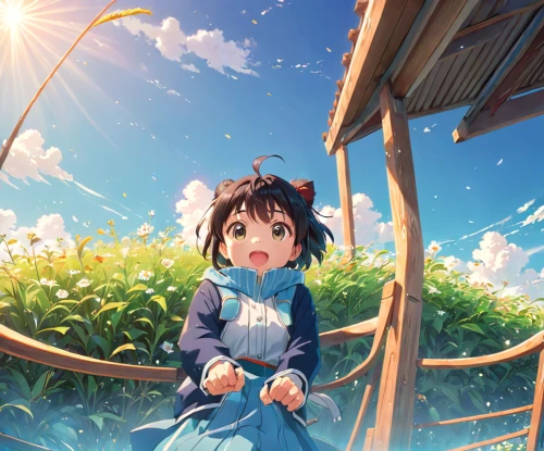 euphonium,studio ghibli,little girl in wind,garden swing,children's background,background image,flying girl,spring background,playing outdoors,background images,wooden swing,sakura background,blue sky,girl picking flowers,japanese sakura background,watering can,springtime background,falling flowers,bright sun,sky,Anime,Anime,Realistic