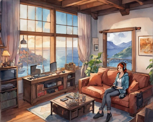 game illustration,shared apartment,livingroom,apartment,sky apartment,croft,one autumn afternoon,studio ghibli,living room,an apartment,girl studying,house in the mountains,the cabin in the mountains,loft,home landscape,house in mountains,playing room,cabin,sitting room,summer cottage,Illustration,Paper based,Paper Based 25