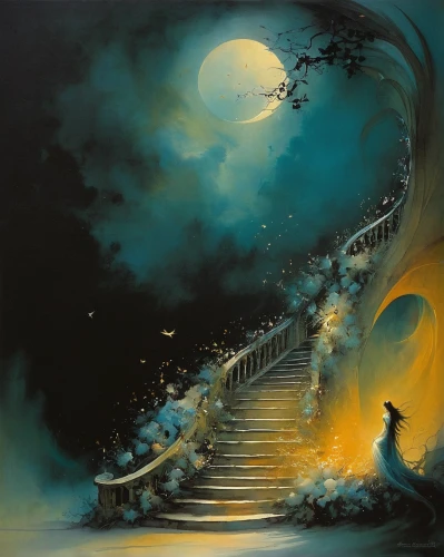 stairway to heaven,the mystical path,jacob's ladder,winding steps,fantasy picture,stairway,heavenly ladder,fantasy art,heaven gate,stone stairway,staircase,the night of kupala,stair,phase of the moon,stairs,moon walk,antasy,the path,outside staircase,sci fiction illustration,Illustration,Realistic Fantasy,Realistic Fantasy 16
