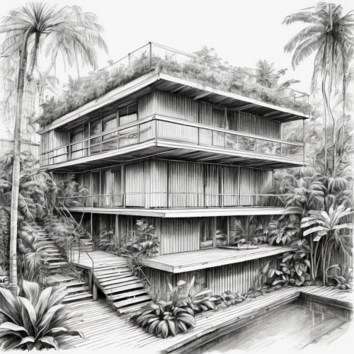 garden elevation,tropical house,house drawing,stilt house,hacienda,pencil drawings,timber house,dunes house,mid century house,pencil drawing,lithograph,beach house,seminyak,archidaily,ludwig erhard haus,contemporary,pencil art,hand-drawn illustration,residence,condominium,Illustration,Black and White,Black and White 35