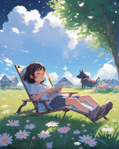 summer day,summer sky,girl lying on the grass,springtime background,studio ghibli,dream world,idyll,resting,picnic,summer evening,summer meadow,girl and boy outdoor,a beautiful day,dreaming,summer feeling,garden swing,idyllic,peaceful,daydream,summer,Illustration,Paper based,Paper Based 07