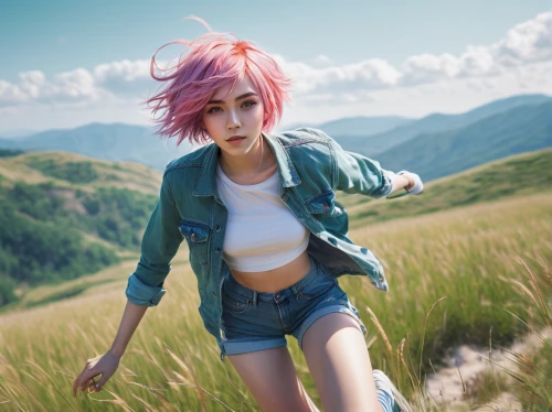 pink hair,pink grass,in the tall grass,natural pink,2d,pixie-bob,wild peony,burning hair,cosplay image,pink clover,windy,girl on the dune,tiber riven,pink hat,anime japanese clothing,pink beauty,grass,fae,grassland,fringed pink,Illustration,Paper based,Paper Based 20