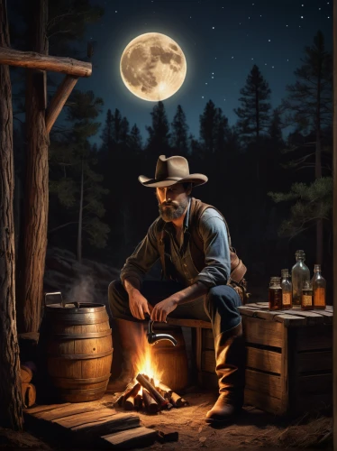 moonshine,american frontier,western,jack daniels,world digital painting,wild west,western riding,tennessee whiskey,campfire,game illustration,moon shine,western film,jarana jarocha,fantasy picture,cowboys,country-western dance,romantic night,night watch,farmer in the woods,banjo player,Illustration,American Style,American Style 11