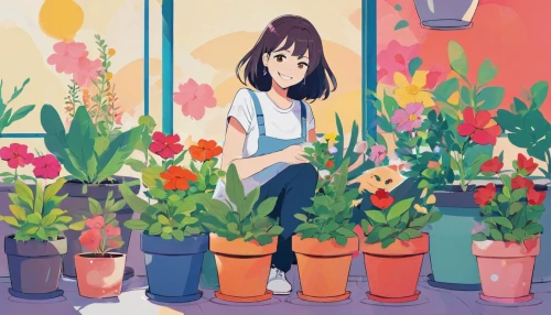 flower shop,flower painting,flower stand,flower box,flower background,gardening,flower booth,holding flowers,potted flowers,girl picking flowers,picking flowers,girl in flowers,florist,potted plants,flowerbox,cartoon flowers,spring background,floral background,corner flowers,flower boxes,Illustration,Japanese style,Japanese Style 06