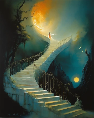 stairway to heaven,jacob's ladder,stairway,winding steps,fantasy picture,girl on the stairs,heavenly ladder,stone stairway,the mystical path,steps,staircase,heaven gate,outside staircase,stairs,fantasy art,descent,sci fiction illustration,guiding light,stair,light of night,Illustration,Realistic Fantasy,Realistic Fantasy 16
