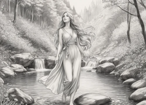 the blonde in the river,water nymph,rusalka,girl on the river,dryad,faerie,celtic woman,aphrodite,woman at the well,mother earth,girl in a long dress,celtic queen,the enchantress,the night of kupala,cybele,sorceress,gonepteryx cleopatra,faery,fantasy picture,siren,Illustration,Black and White,Black and White 30