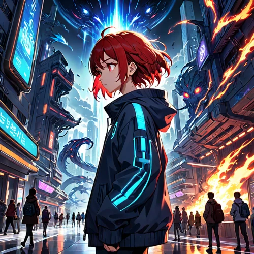 transistor,shinjuku,shibuya,asuka langley soryu,shibuya crossing,fire background,red-haired,city in flames,cg artwork,sci fiction illustration,persona,tokyo city,jacket,umeda,sidonia,city lights,anime japanese clothing,cyber,cyberpunk,anime 3d,Anime,Anime,General