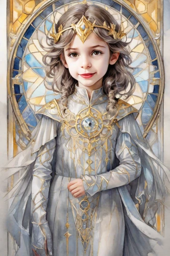 fantasy portrait,zodiac sign libra,golden crown,baroque angel,mary-gold,libra,joan of arc,the snow queen,golden wreath,fairy tale character,custom portrait,priestess,fairy queen,princess sofia,mystical portrait of a girl,gold crown,cepora judith,child fairy,white rose snow queen,the angel with the veronica veil,Digital Art,Watercolor