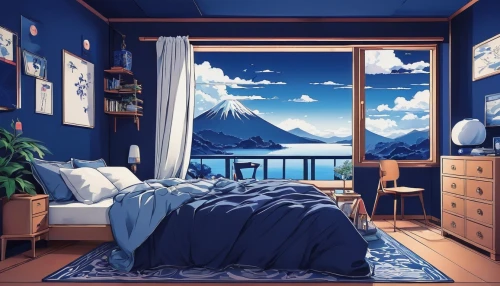 blue room,boy's room picture,studio ghibli,japanese-style room,sleeping room,bedroom,room,one room,sky apartment,great room,bedroom window,blue pillow,blue painting,modern room,darjeeling,guest room,cartoon video game background,azure,children's bedroom,one-room,Illustration,Japanese style,Japanese Style 04