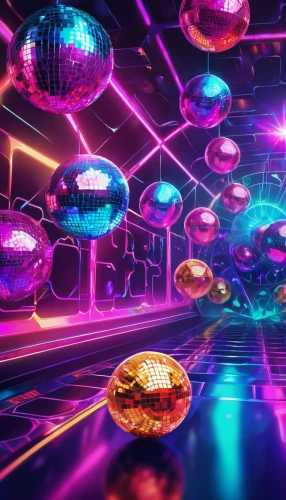 disco,ufo interior,prism ball,colored lights,nightclub,disco ball,3d background,cyberspace,party lights,rave,neon candies,3d render,spheres,fractal lights,cinema 4d,pinball,christmas balls background,80's design,spaceship space,scifi,Illustration,Realistic Fantasy,Realistic Fantasy 38