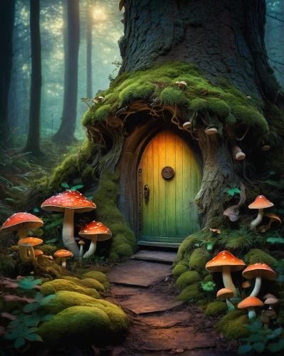 mushroom landscape,fairy door,fairy forest,fairy village,fairytale forest,fairy house,forest mushrooms,mushroom island,forest mushroom,enchanted forest,umbrella mushrooms,mushrooms,club mushroom,toadstools,fantasy picture,fairy world,forest floor,mushrooming,alice in wonderland,elven forest,Illustration,Realistic Fantasy,Realistic Fantasy 16