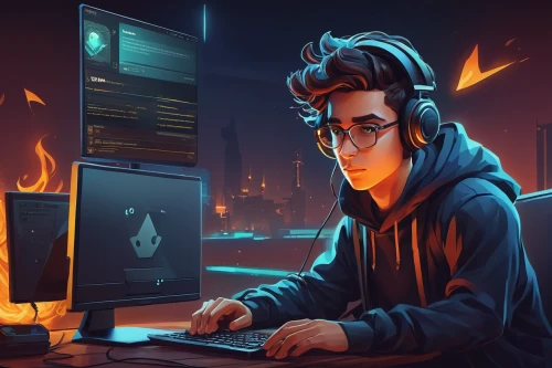 coder,night administrator,man with a computer,programmer,hacker,game illustration,dj,streaming,fire background,computer freak,computer addiction,hacking,vector illustration,freelancer,music background,twitch icon,lan,spotify icon,the community manager,fan art,Conceptual Art,Fantasy,Fantasy 21
