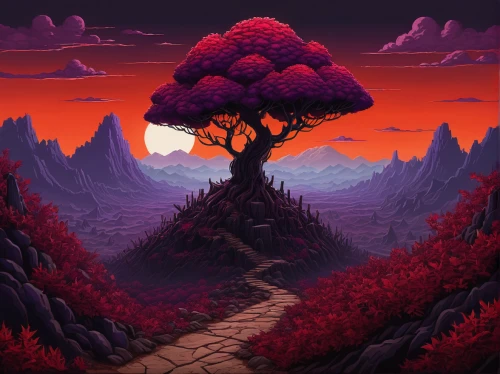 mushroom landscape,purple landscape,free land-rose,red tree,fantasy landscape,scorched earth,volcanic landscape,burning bush,tree grove,barren,cartoon video game background,dusk background,blood moon,chasm,valley of the moon,fantasy picture,tree of life,druid grove,blood moon eclipse,volcanic field,Art,Artistic Painting,Artistic Painting 06
