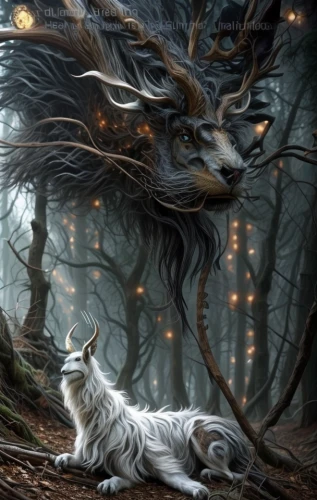 howling wolf,fantasy picture,forest animal,nine-tailed,fantasy art,forest dragon,norwegian forest cat,two wolves,woodland animals,forest animals,forest king lion,carpathian shepherd dog,dog and cat,canidae,maincoon,feral cat,gray wolf,howl,scent hound,companion dog