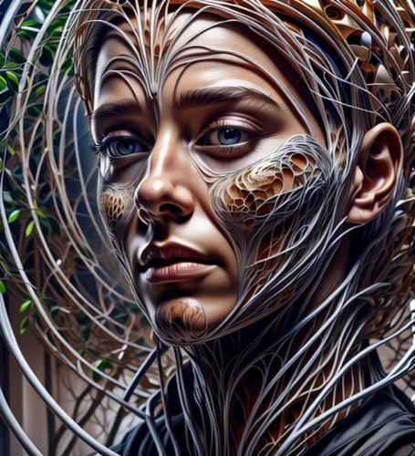 tangle,queen cage,biomechanical,wire sculpture,digital art,fractalius,digital artwork,fractals art,kinetic art,cyborg,fantasy portrait,neural pathways,dryad,computer art,complexity,head woman,tendrils,digiart,girl in a wreath,katniss