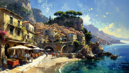 amalfi,positano,amalfi coast,portofino,sorrento,malcesine,italian painter,taormina,world digital painting,coastal landscape,cinque terre,liguria,sea landscape,fishing village,mediterranean,capri,vernazza,lycian,scilla,dubrovnic,Art,Classical Oil Painting,Classical Oil Painting 17