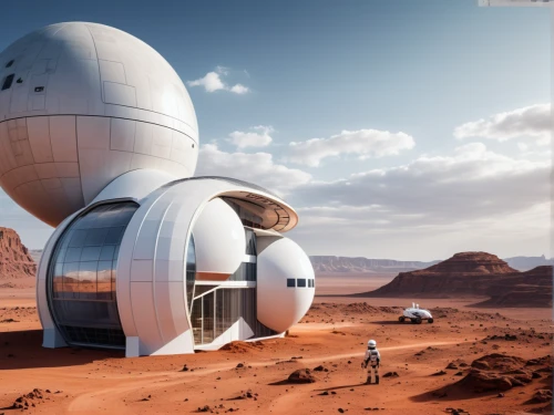 futuristic architecture,futuristic landscape,sky space concept,futuristic art museum,solar cell base,mission to mars,cubic house,solar dish,mobile home,aerostat,research station,3d rendering,extraterrestrial life,scifi,sci fi,dunes house,science-fiction,sci - fi,sci-fi,admer dune,Photography,General,Realistic