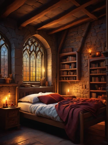 sleeping room,bookshelves,hogwarts,fairy tale icons,great room,attic,bedroom,fantasy picture,ornate room,a fairy tale,fairy tale,wooden beams,romantic night,3d fantasy,loft,children's bedroom,wooden windows,danish room,medieval architecture,candlelights,Illustration,Abstract Fantasy,Abstract Fantasy 22