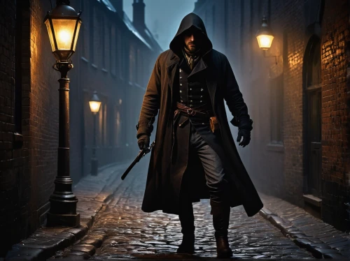 hooded man,assassin,overcoat,trench coat,assassins,scythe,hook,guy fawkes,frock coat,quarterstaff,old coat,the wanderer,black coat,cordwainer,robin hood,pirate,blind alley,robber,lamplighter,swordsman,Art,Classical Oil Painting,Classical Oil Painting 20