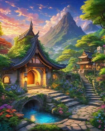 landscape background,fantasy landscape,home landscape,mountain scene,background with stones,cartoon video game background,japan landscape,mountain landscape,fantasy picture,japanese background,asian architecture,background images,japanese shrine,japanese sakura background,mountainous landscape,chinese background,oriental painting,full hd wallpaper,chinese temple,mountain settlement,Illustration,Japanese style,Japanese Style 04