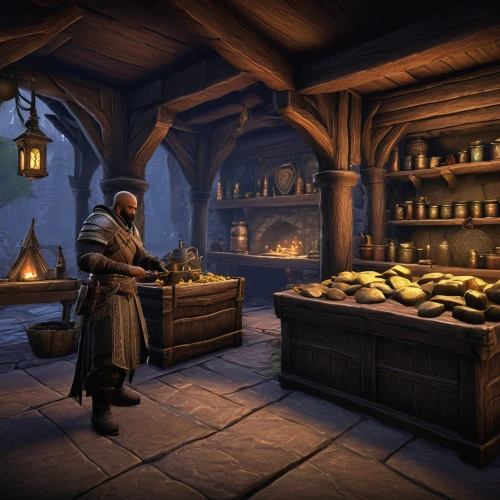 apothecary,candlemaker,dwarf cookin,shopkeeper,merchant,tavern,medieval market,castle iron market,greengrocer,vendor,blacksmith,village shop,tinsmith,hearth,marketplace,vendors,stalls,brandy shop,kitchen shop,the kitchen,Conceptual Art,Fantasy,Fantasy 17