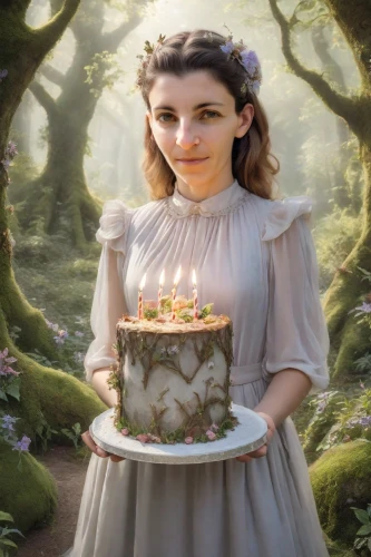 woman holding pie,candlemaker,fantasy portrait,faery,confectioner,confection,mystical portrait of a girl,digital compositing,celebration of witches,fantasy picture,faerie,virginia sweetspire,thirteen desserts,fae,queen of puddings,fairy tale character,romantic portrait,birthday wishes,birthday banner background,mystic light food photography,Photography,Realistic