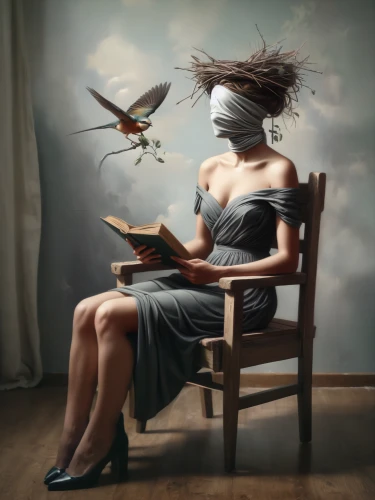 conceptual photography,woman thinking,photo manipulation,surrealism,sci fiction illustration,photomanipulation,reading owl,photoshop manipulation,read-only memory,blonde woman reading a newspaper,writing-book,women's novels,psychotherapy,image manipulation,readers,fantasy picture,girl studying,imagination,read a book,fantasy art