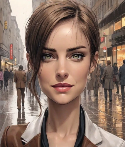 world digital painting,city ​​portrait,the girl's face,lara,sci fiction illustration,digital painting,portrait background,game illustration,cg artwork,female model,vector girl,girl portrait,custom portrait,romantic portrait,a pedestrian,natural cosmetic,pedestrian,spy,girl with speech bubble,head woman,Digital Art,Comic