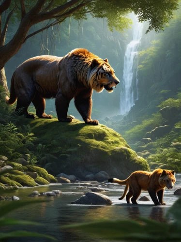 grizzlies,lion with cub,hunting scene,animals hunting,king of the jungle,big cats,lions couple,forest animals,bear guardian,forest king lion,woodland animals,horse with cub,cub,wolf couple,lion father,mammals,landseer,fantasy picture,two lion,male lions,Illustration,Realistic Fantasy,Realistic Fantasy 11