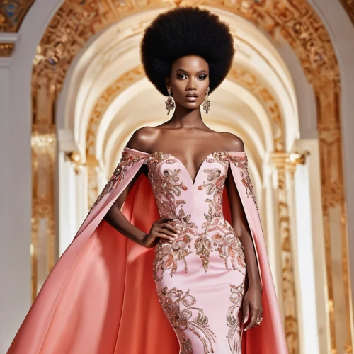 ball gown,evening dress,quinceanera dresses,bridal clothing,tiana,gown,bridal party dress,beautiful african american women,afroamerican,gold-pink earthy colors,fashion dolls,african american woman,miss universe,dress form,moorish,haute couture,wedding dresses,fashion illustration,afro-american,overskirt,Photography,General,Realistic