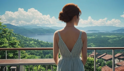 girl in a long dress from the back,overlook,girl in a long dress,with a view,blue jasmine,balcony,scenic view,viewpoint,rapunzel,view panorama landscape,girl in white dress,sound of music,landscape background,a girl in a dress,the horizon,travel woman,lake lucerne region,the scenery,background view nature,panoramic views,Photography,General,Realistic