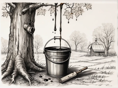 rain barrel,wine barrel,wooden bucket,water well,watering can,cooking pot,wooden buckets,fetching water,water tank,walnut oil,autumn chores,tree with swing,oil barrels,stovetop kettle,wind bell,dutch oven,oil drum,milk can,tree stand,barrel,Illustration,Black and White,Black and White 34