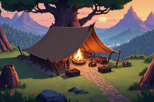 campfire,campsite,druid grove,campfires,collected game assets,tavern,game illustration,idyllic,alpine village,mountain settlement,mountain village,campground,small cabin,lodge,knight tent,autumn camper,cartoon video game background,summer cottage,dusk background,wooden mockup,Unique,Pixel,Pixel 01