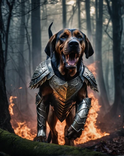 hound,bavarian mountain hound,posavac hound,armored animal,jagdterrier,blood hound,serbian hound,schutzhund,hound trailing,smaland hound,coonhound,transylvanian hound,finnish hound,scent hound,artois hound,halden hound,rottweiler,lithuanian hound,bloodhound,eurohound,Illustration,Realistic Fantasy,Realistic Fantasy 02