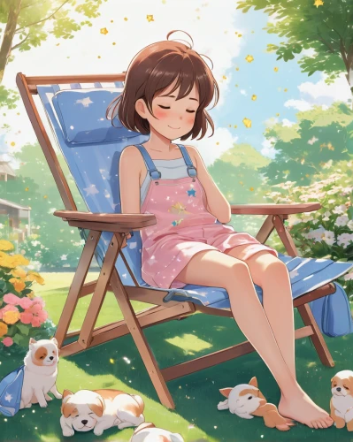 summer day,summer background,idyllic,resting,napping,idyll,summer icons,studio ghibli,relaxed young girl,springtime background,summer,summer feeling,in the summer,spring background,sleepy sheep,girl lying on the grass,playmat,peaceful,sun-bathing,lying down,Illustration,Japanese style,Japanese Style 01