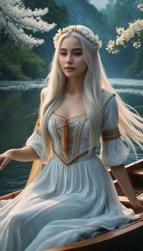 fantasy picture,fantasy portrait,girl on the boat,celtic queen,white rose snow queen,jon boat,fantasy art,fantasy woman,the sea maid,elven,the blonde in the river,violet head elf,water rose,the snow queen,elsa,girl on the river,heroic fantasy,world digital painting,seerose,elaeis,Photography,General,Fantasy