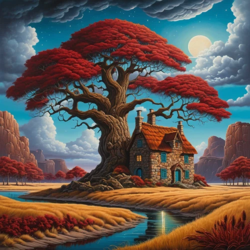 fantasy landscape,home landscape,red tree,ancient house,fantasy art,fantasy picture,celtic tree,robert duncanson,witch's house,mushroom landscape,dragon tree,tree house,landscape red,nature landscape,tree of life,rural landscape,an island far away landscape,lone tree,isolated tree,magic tree