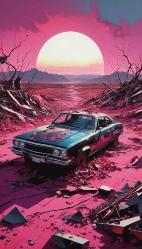 wasteland,pontiac tempest,badlands,chevrolet impala,post-apocalyptic landscape,cadillac eldorado,buick lesabre,buick electra,desolate,dodge intrepid,desolation,abandoned car,pink dawn,pontiac,pontiac ventura,pontiac grand prix,scorched earth,road forgotten,dodge monaco,ford galaxie,Art,Artistic Painting,Artistic Painting 24