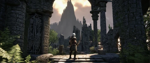 mausoleum ruins,hall of the fallen,castle of the corvin,imperial shores,ancient city,kadala,necropolis,elven,sentinel,pillars,devilwood,gateway,skyrim,knight village,the pillar of light,pilgrimage,arcanum,spire,obelisk,wander,Illustration,Black and White,Black and White 11