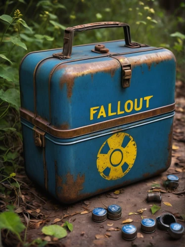 fallout,fresh fallout,fallout shelter,fallout4,old suitcase,suitcase in field,metal rust,chemical container,rusting,radioactive leak,post apocalyptic,atomic age,tin sign,metal container,fuel tank,rusted,battery icon,wasteland,chernobyl,retro items,Illustration,Abstract Fantasy,Abstract Fantasy 07
