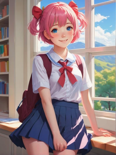 bulli,sitting on a chair,girl studying,a girl's smile,schoolgirl,school clothes,classroom,kawaii,ganmodoki,anime girl,mc,bun,study room,school skirt,cinnamon roll,worried girl,study,precious,school uniform,sakura background,Conceptual Art,Oil color,Oil Color 16