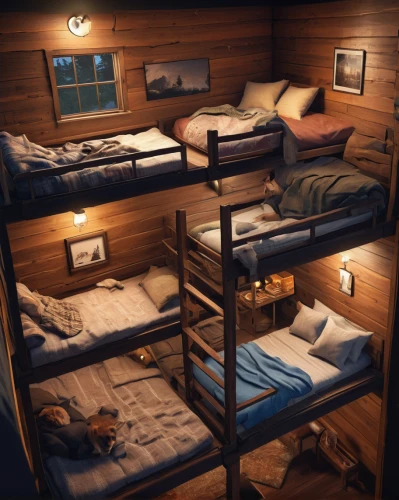 sleeping room,bunk bed,dormitory,capsule hotel,bunk,boy's room picture,cabin,accommodation,small cabin,children's bedroom,lodging,accommodations,rooms,bedroom,wooden mockup,hostel,room,bed frame,attic,modern room,Photography,General,Commercial