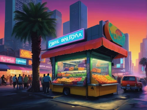 retro diner,fast food restaurant,hot dog stand,neon ice cream,ice cream stand,neon candies,ice cream shop,colorful city,santa monica,diner,soda shop,world digital painting,drive in restaurant,convenience store,food court,neon coffee,car hop,electric gas station,neon drinks,fast-food,Conceptual Art,Fantasy,Fantasy 20