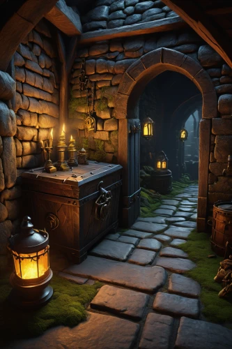 apothecary,tavern,stone oven,collected game assets,fireplaces,candlemaker,hearth,fireplace,wishing well,hobbiton,cellar,blacksmith,wine cellar,medieval street,witch's house,cosmetics counter,dungeon,dungeons,forge,visual effect lighting,Illustration,Realistic Fantasy,Realistic Fantasy 31